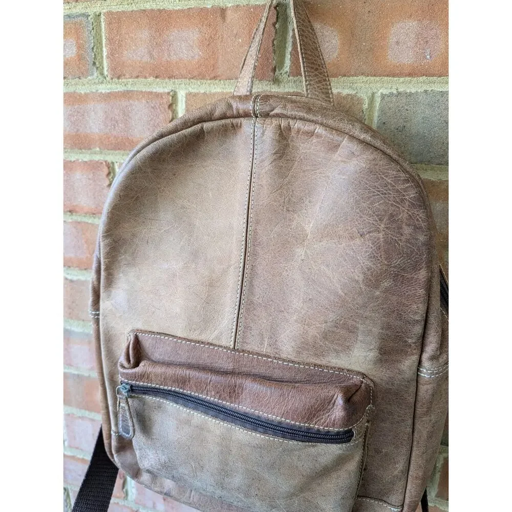 Brown Tan Distressed Full Grain Leather Backpack School Office College Rustic